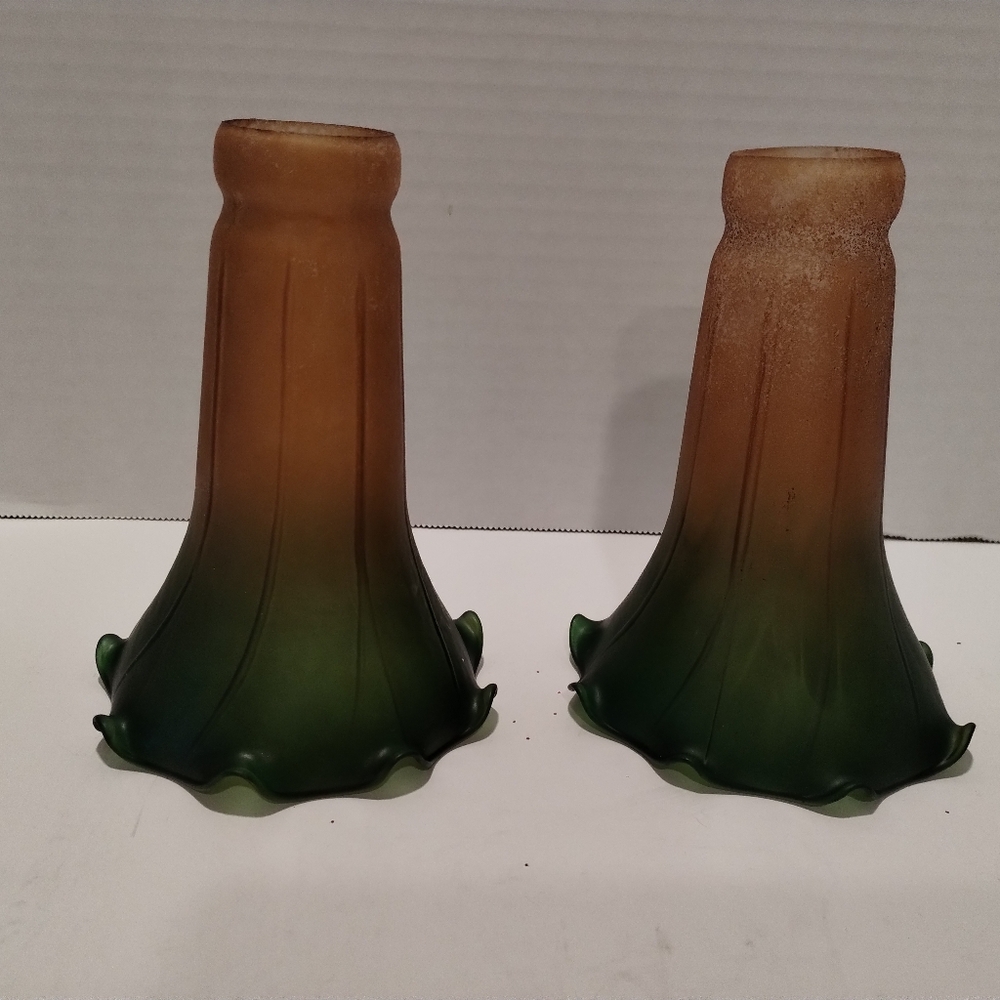 Pair Amber Green Tiffany Style Fluted Tulip Lily 6” Shade No Chips Or Cracks